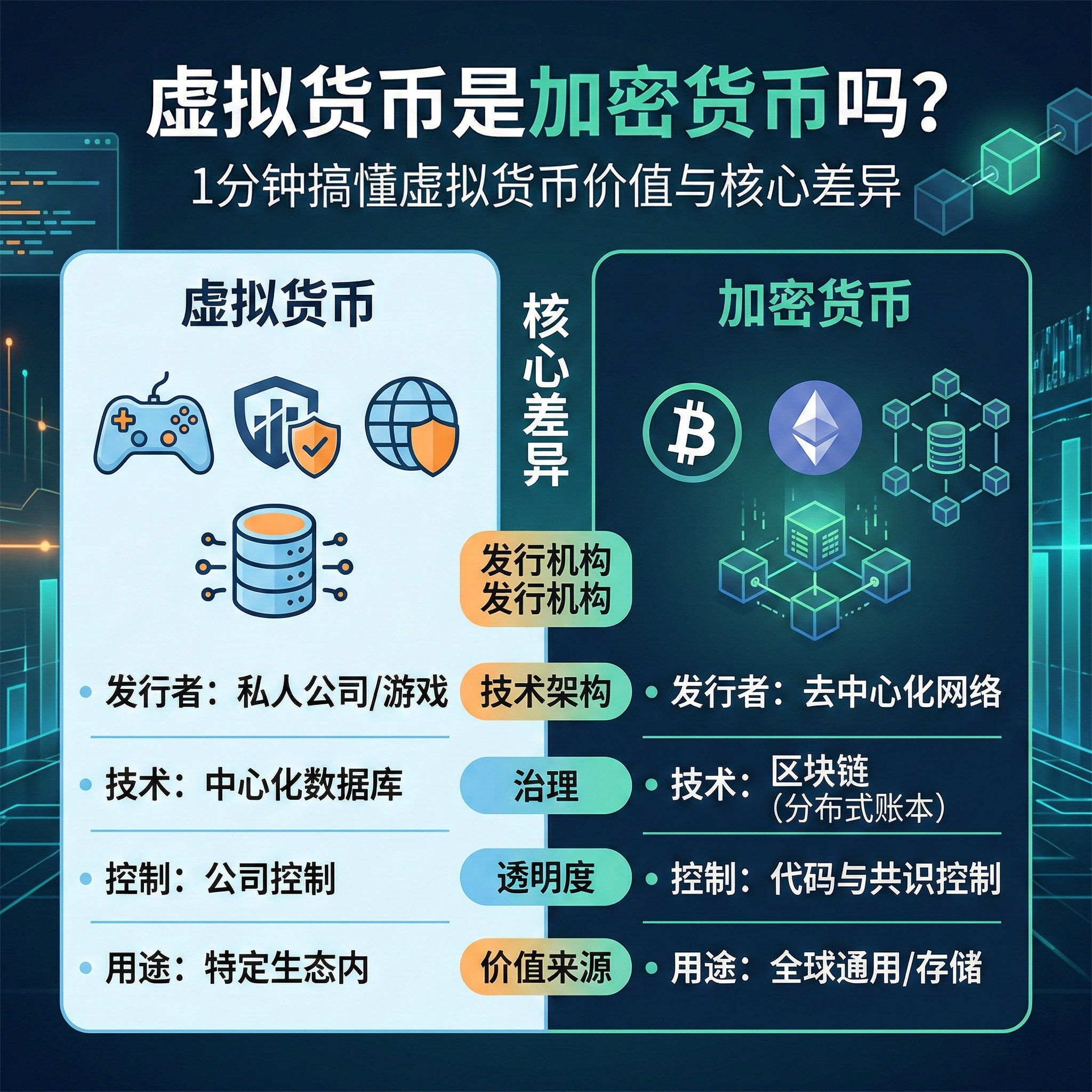 虚拟货币是加密货币吗？1分钟搞懂虚拟货币价值与核心差异