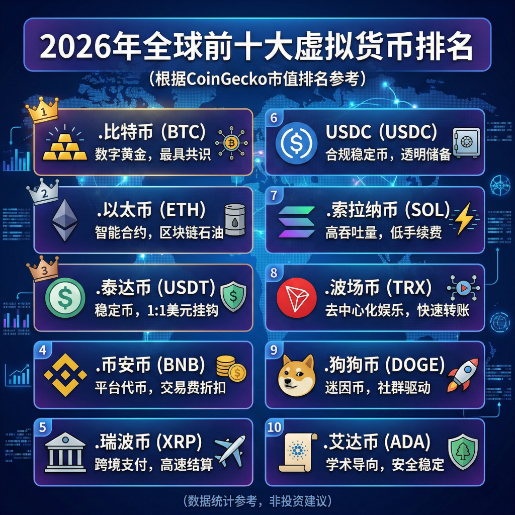 2026年全球前十大虚拟货币排名