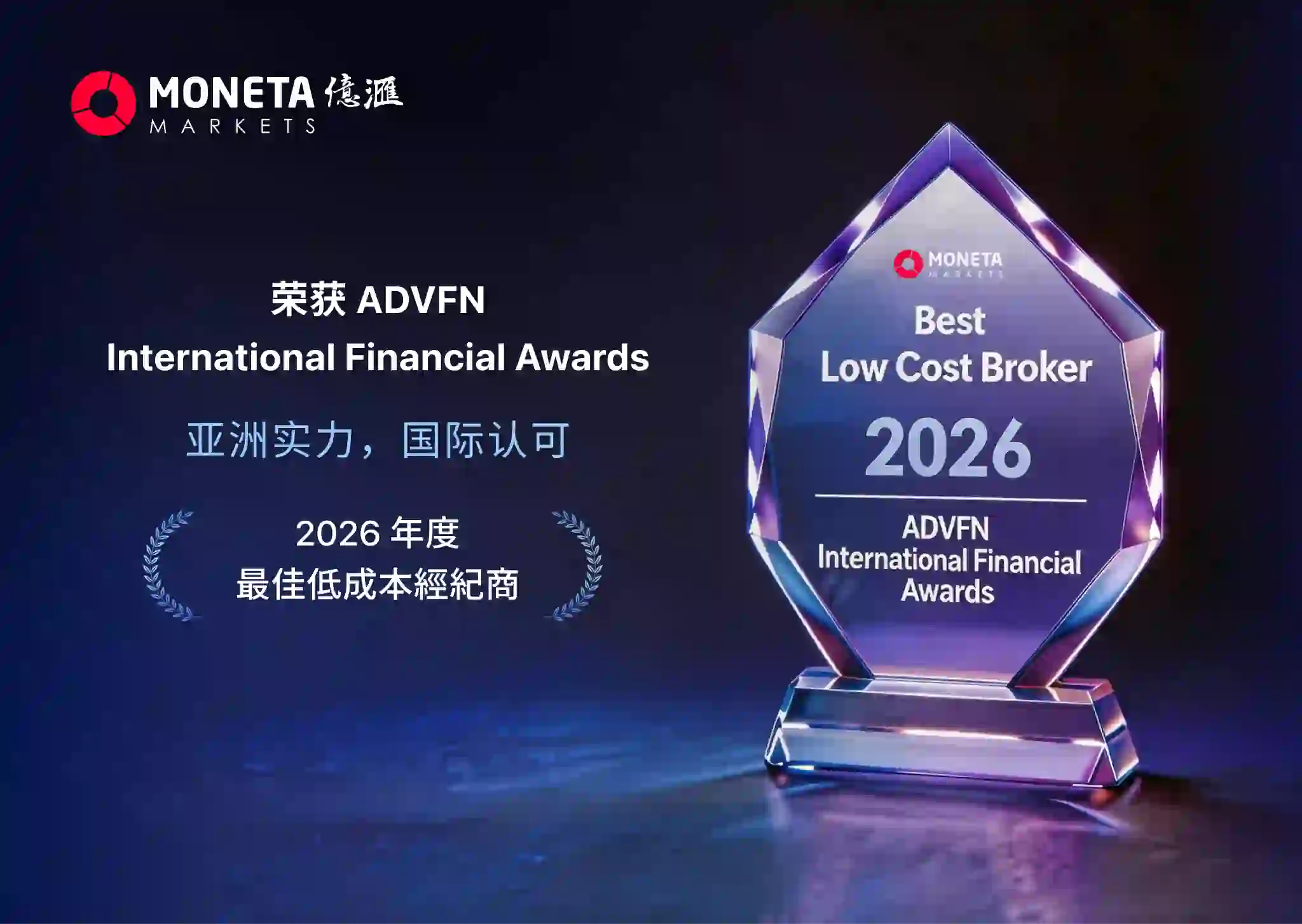 Moneta Markets 亿汇闪耀 2026 ADVFN 国际金融大赏，强势荣获“最佳低成本经纪商”