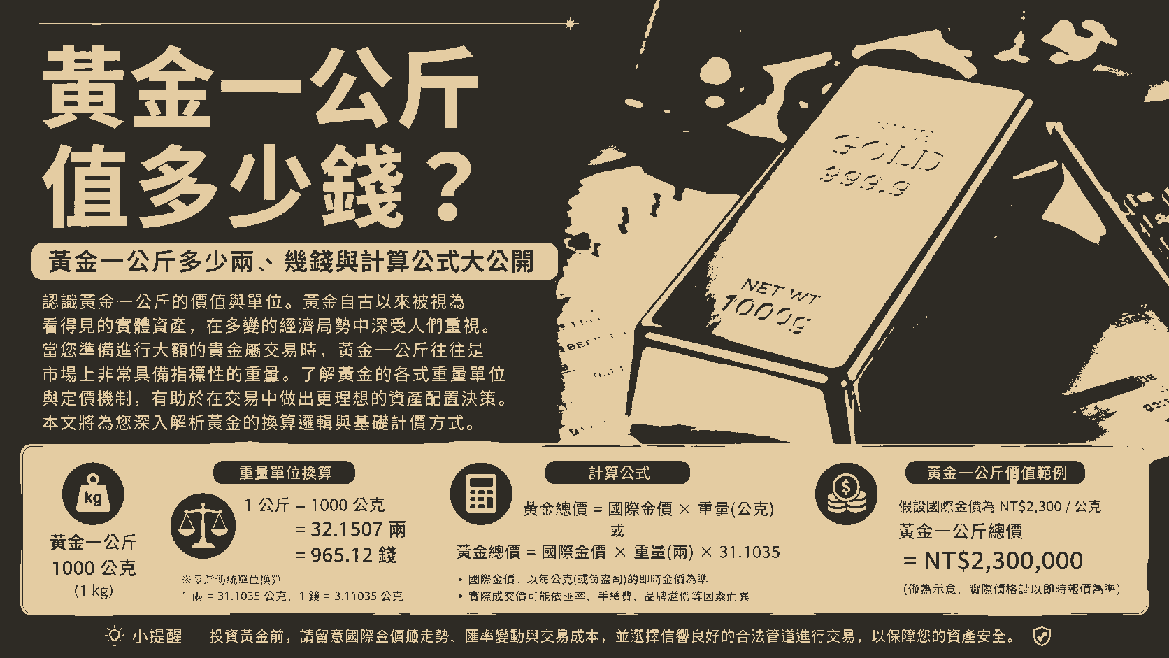 黃金一公斤值多少錢？黃金一公斤多少兩、幾錢與計算公式大公開