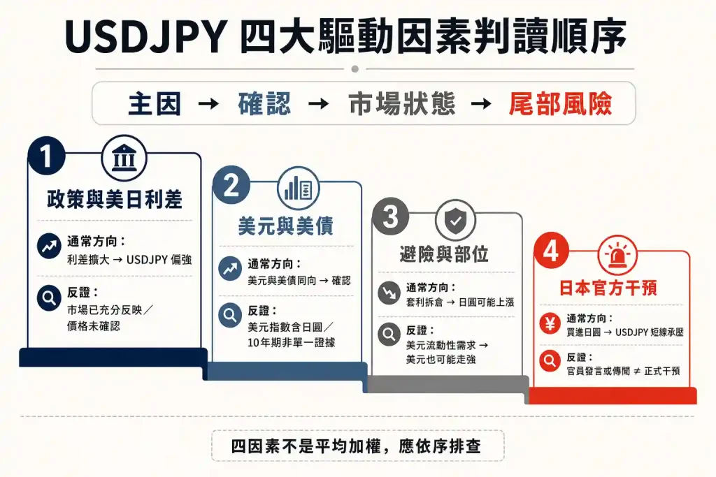 2. USDJPY 為什麼漲跌？四大驅動因素與判讀順序