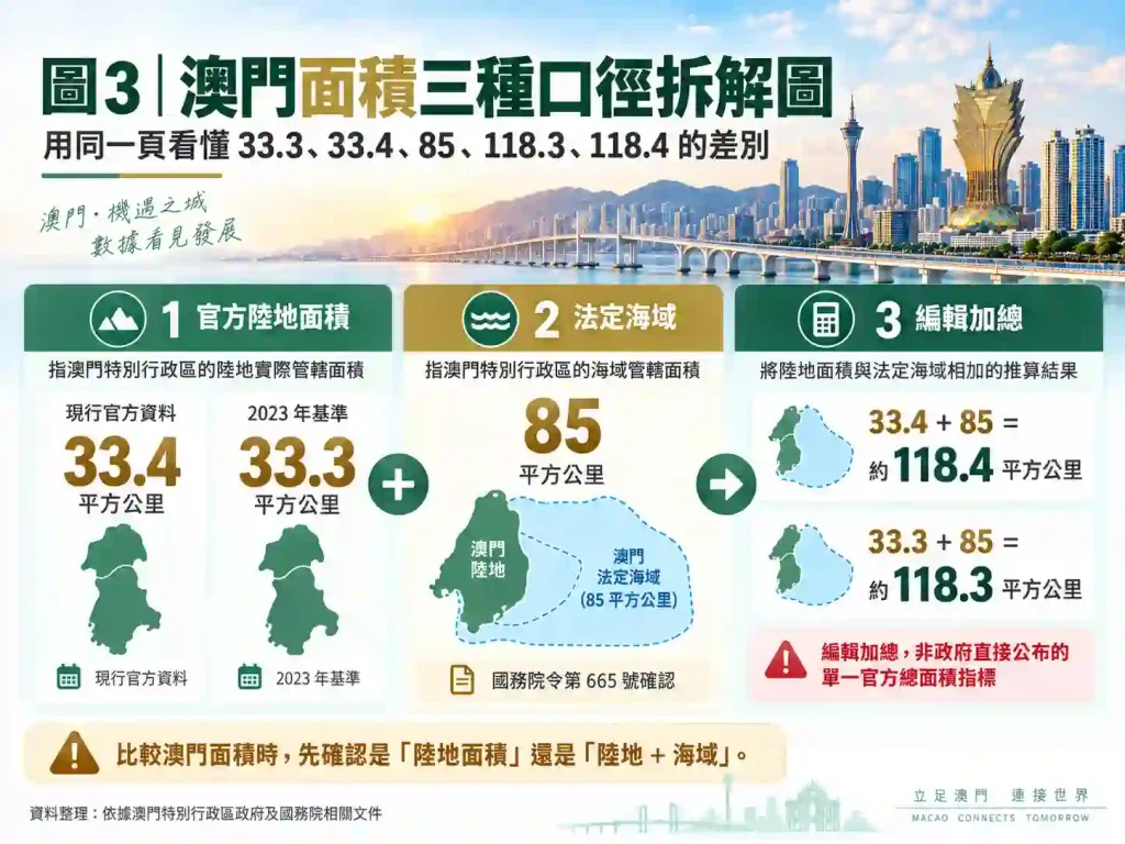 澳門面積為什麼有33.3、33.4與約118平方公里等不同數字?