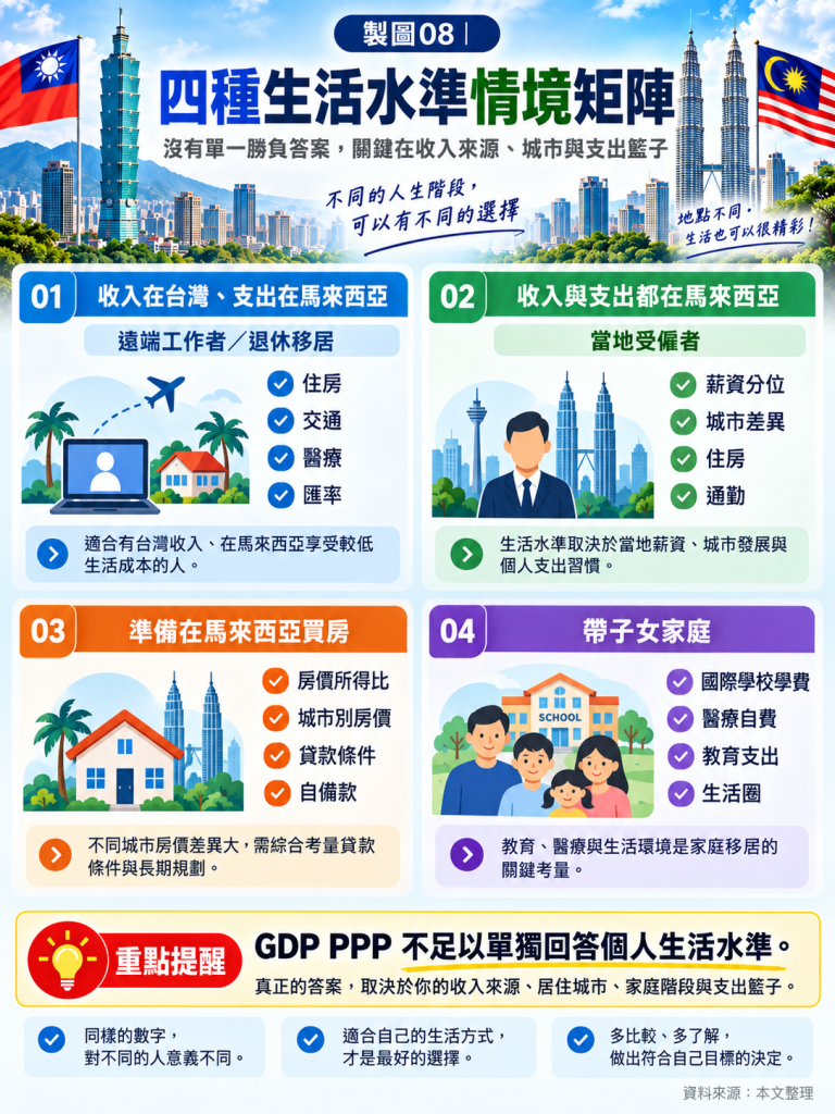 台灣與馬來西亞生活水準比較:四種收入與支出情境