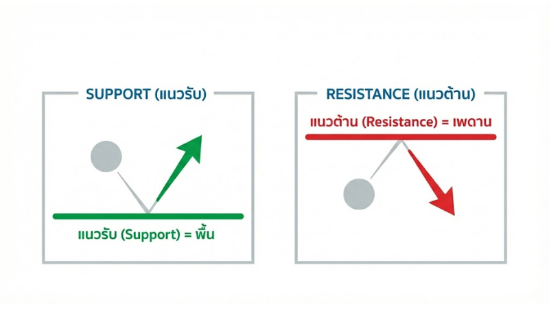 ภาพกราฟิกอธิบายแนวคิดแนวรับแนวต้านเปรียบเสมือนพื้นและเพดานของราคาหุ้น