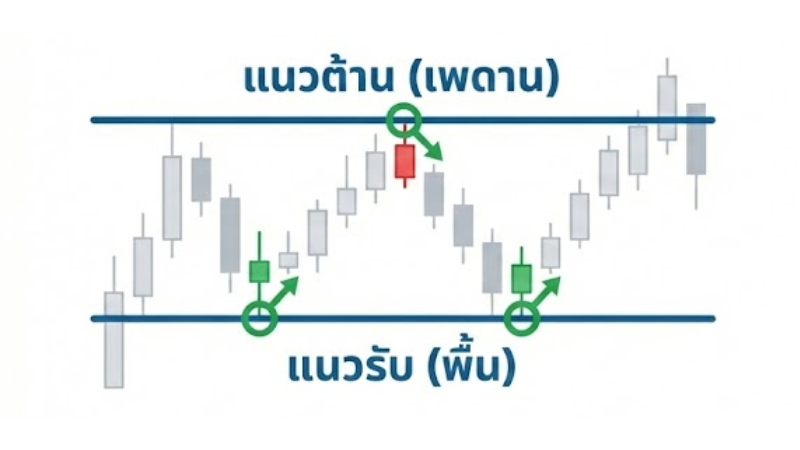 วิธีการตีเส้นแนวรับแนวต้านแนวนอนโดยเชื่อมต่อจุดสัมผัสราคาหลายจุดบนกราฟแท่งเทียน