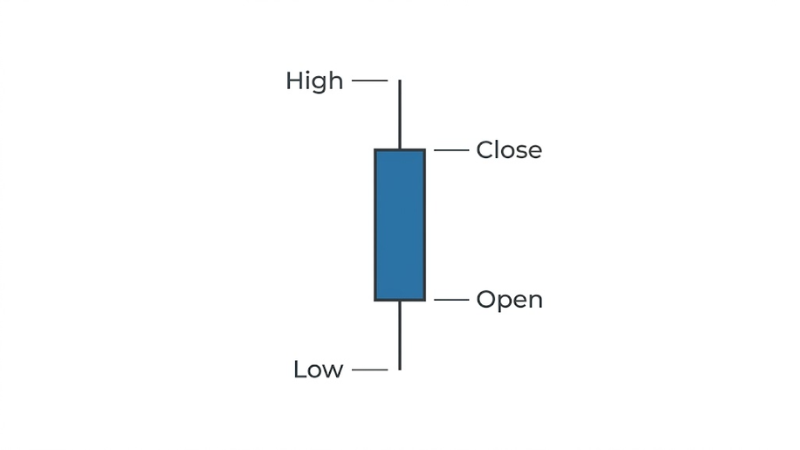 แผนภาพแสดงโครงสร้างราคาแท่งเทียน 4 ค่าหลัก OHLC ประกอบด้วยราคาเปิด (Open), ราคาสูงสุด (High), ราคาต่ำสุด (Low) และราคาปิด (Close)